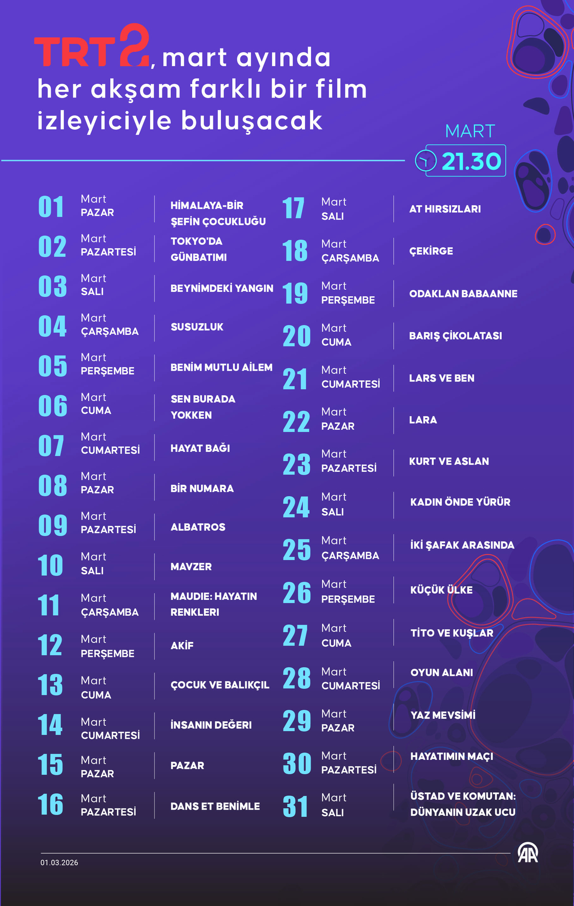 TRT 2, mart ayında her akşam bir filmi izleyicilerle buluşturacak