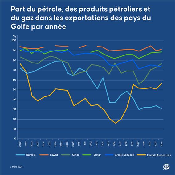 La part du pétrole, des produits pétroliers et du gaz dans les exportations des pays du Golfe par année