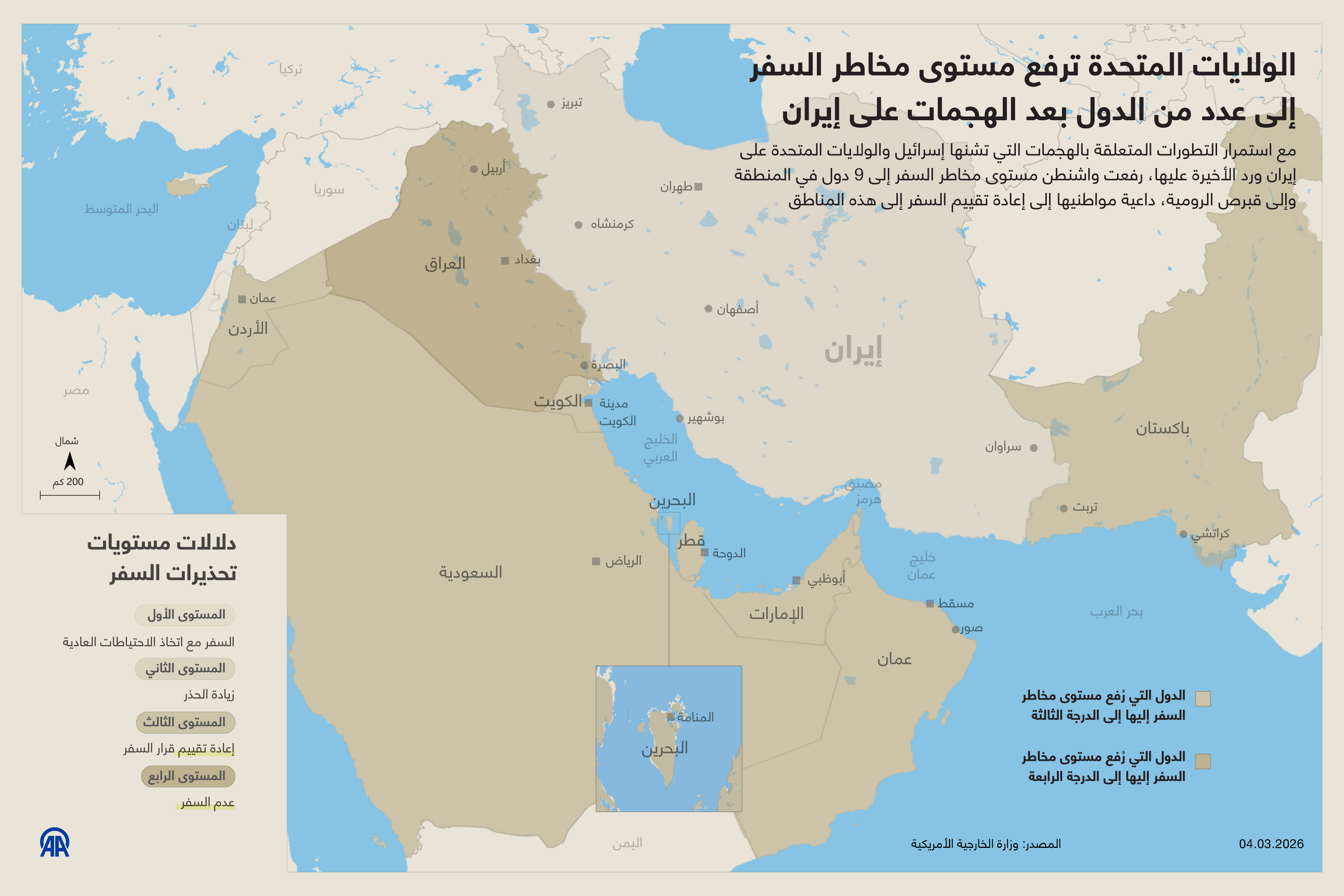 الولايات المتحدة ترفع مستوى مخاطر السفر إلى عدد من الدول بعد الهجمات على إيران
