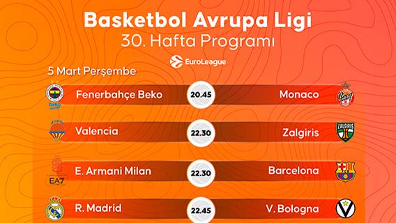 Basketbol Avrupa Ligi 30. hafta programı