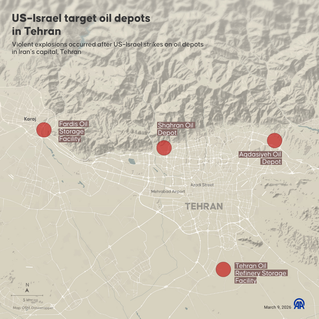 US-Israeli strikes targeted several oil depots across Tehran, triggering powerful explosions in the Iranian capital