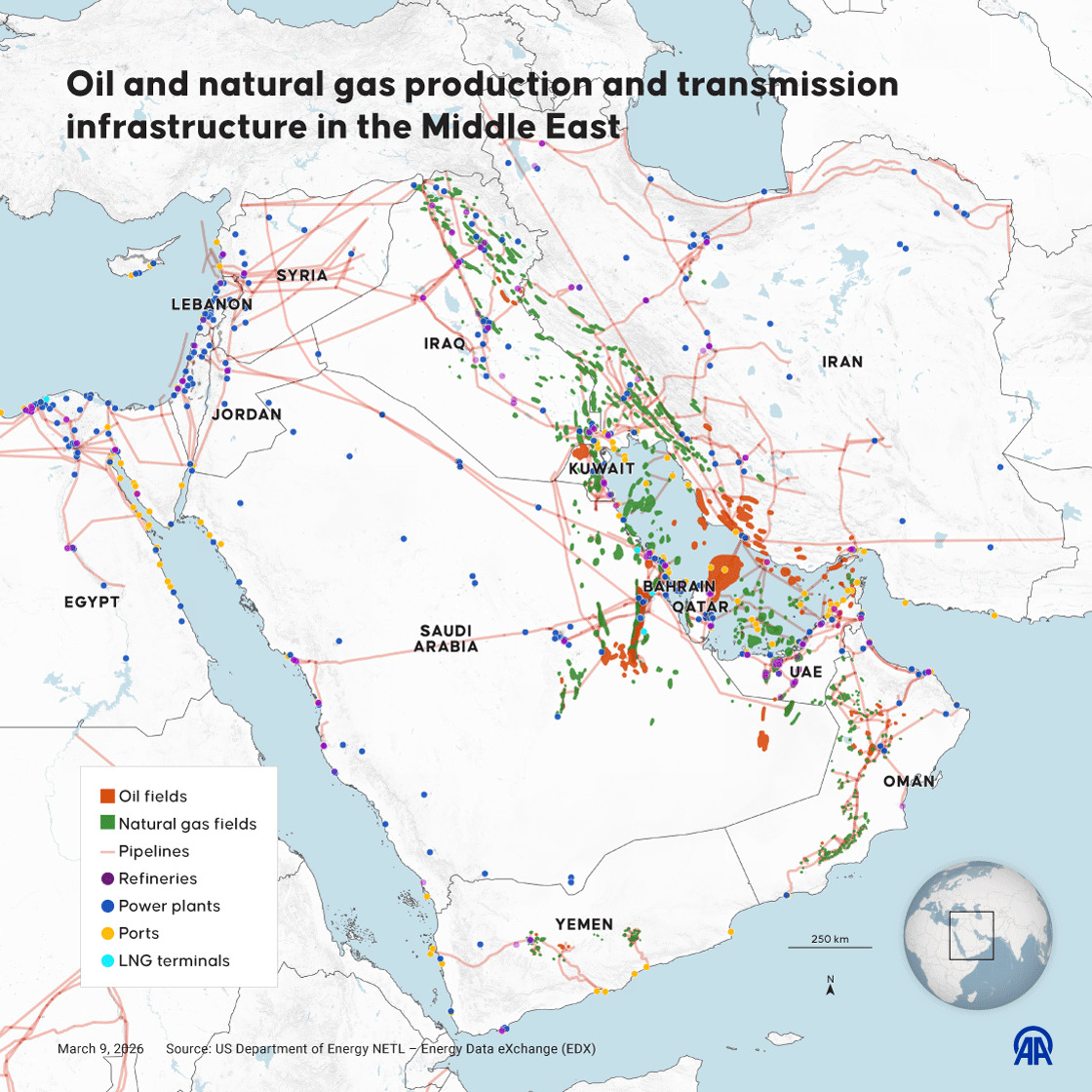 Oil and natural gas production and transmission infrastructure in the Middle East