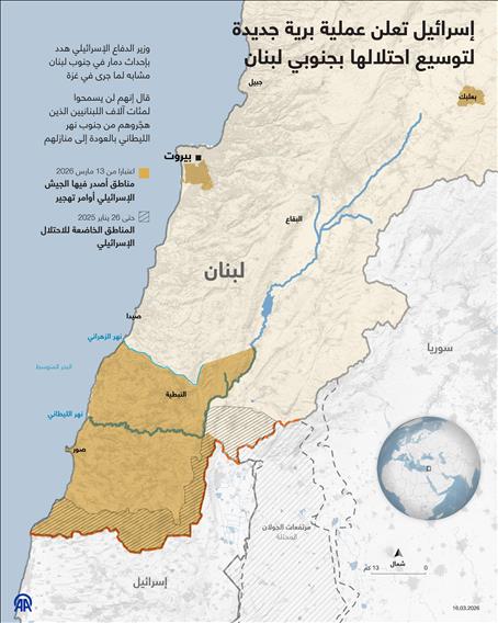 إسرائيل تعلن عملية برية جديدة لتوسيع احتلالها بجنوبي لبنان