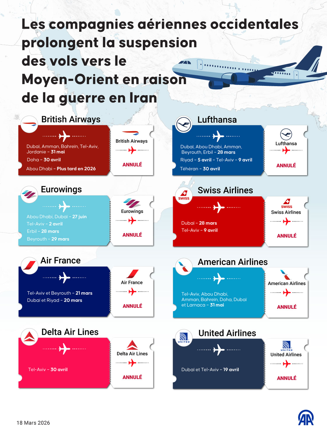 Vols suspendus vers le Moyen-Orient : les compagnies prolongent les annulations Plusieurs compagnies aériennes occidentales maintiennent la suspension de leurs vols vers des destinations clés de la région, en raison du conflit en Iran.
