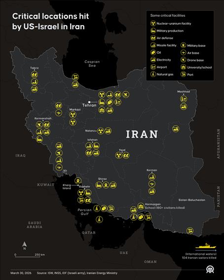 In the US-Israeli attacks that have been ongoing since February 28, numerous critical sites in Iran, including uranium facilities, airports, ports, and military bases, have been targeted