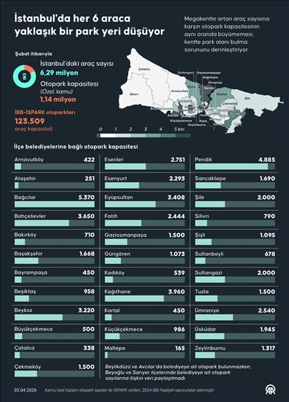 İstanbul'da yaklaşık her 6 araca ortalama bir park yeri düşüyor