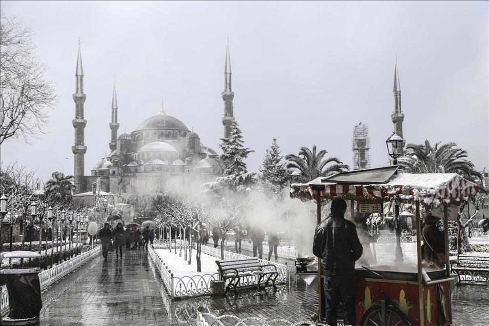 Blue Mosque covered with snow in Istanbul