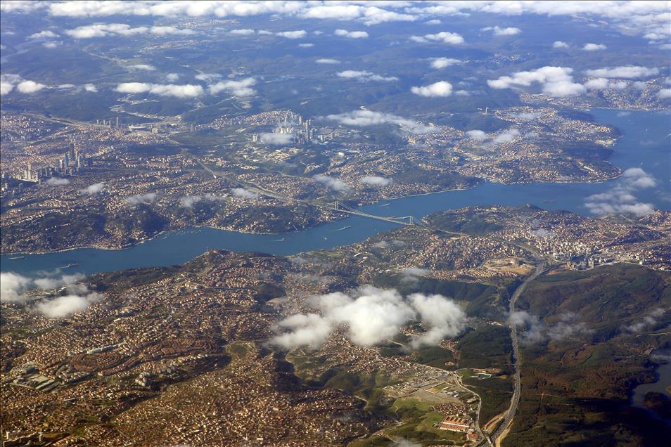 Panorama of Bosphorus through clouds in Istanbul