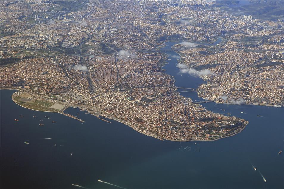 Panorama of Bosphorus through clouds in Istanbul