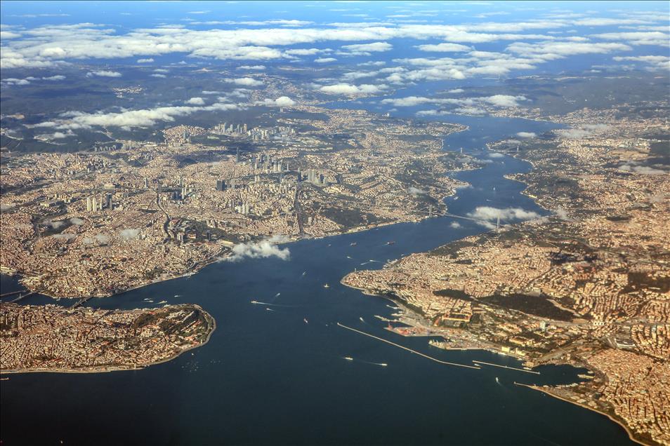 Panorama of Bosphorus through clouds in Istanbul