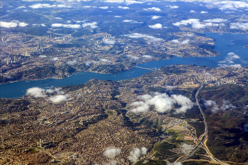 Panorama of Bosphorus through clouds in Istanbul