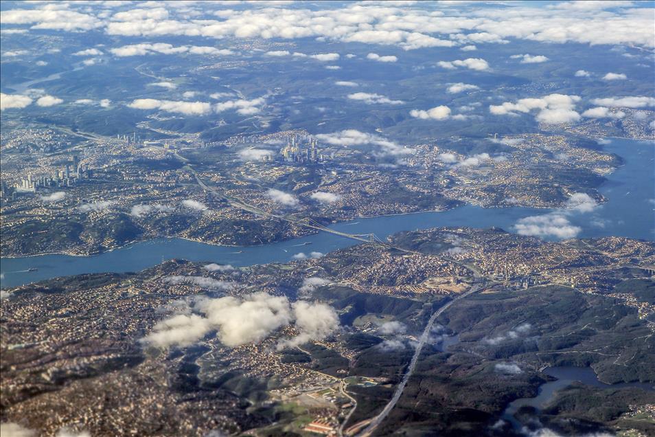 Panorama of Bosphorus through clouds in Istanbul