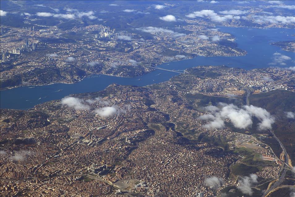 Panorama of Bosphorus through clouds in Istanbul