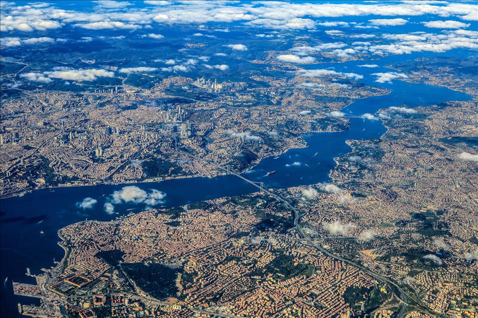 Panorama of Bosphorus through clouds in Istanbul