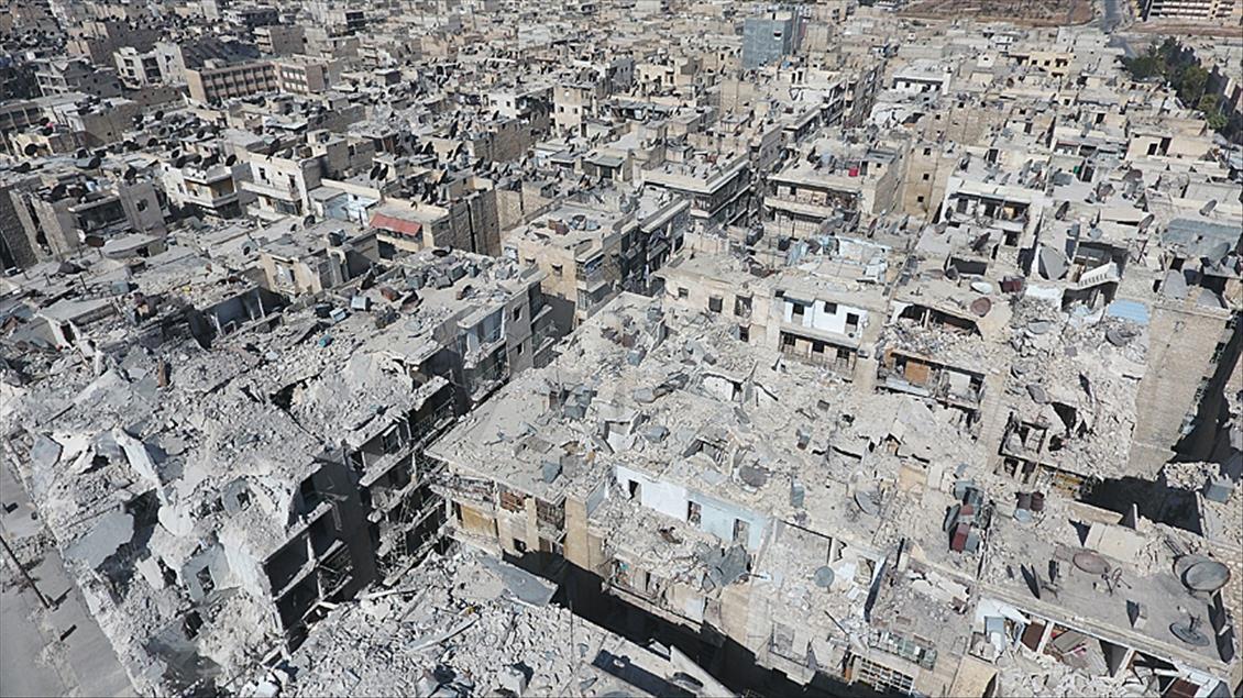 ALEPPO, SYRIA - OCTOBER 7: An aerial view of the buildings destr