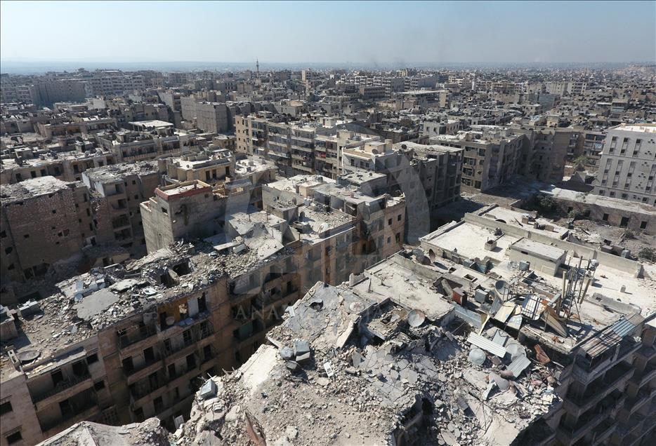 Aerial view war-ravaged Aleppo