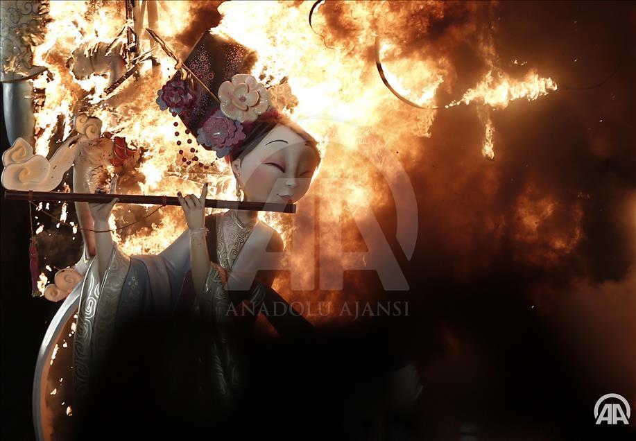 VALENCIA, SPAIN - MARCH 19: A Fallas monument burns  during  the