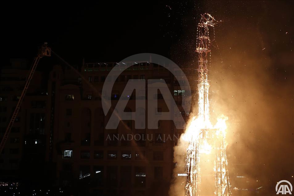 VALENCIA, SPAIN - MARCH 19: A Fallas monument burns  during  the
