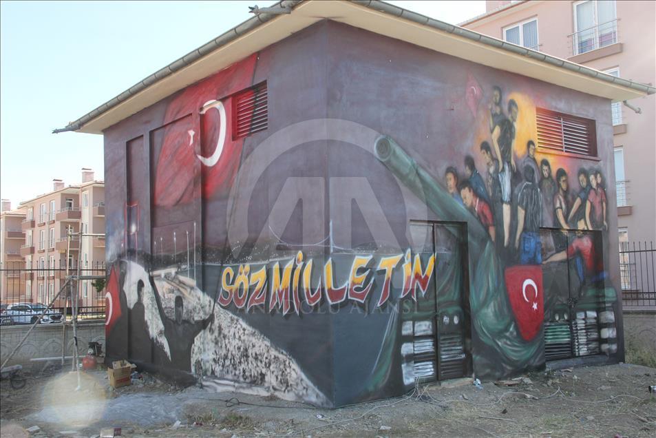 15 Temmuz'u grafiti sanatı ile elektrik trafosuna işlediler