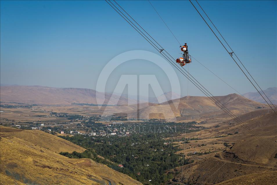 High-voltage transmission line workers in Turkey's Van