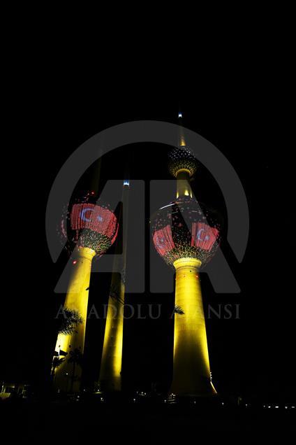 Kuwait Towers lit up in colors of Turkish flag