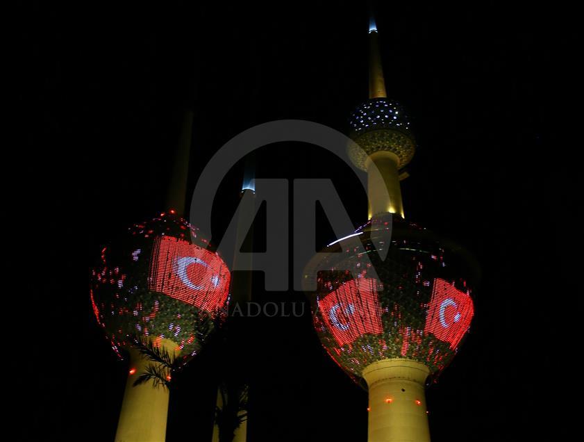 Kuwait Towers lit up in colors of Turkish flag