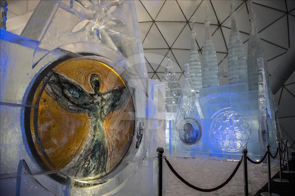 Roman Catholic Basilica Sagrada Familia made of Ice in Slovakia