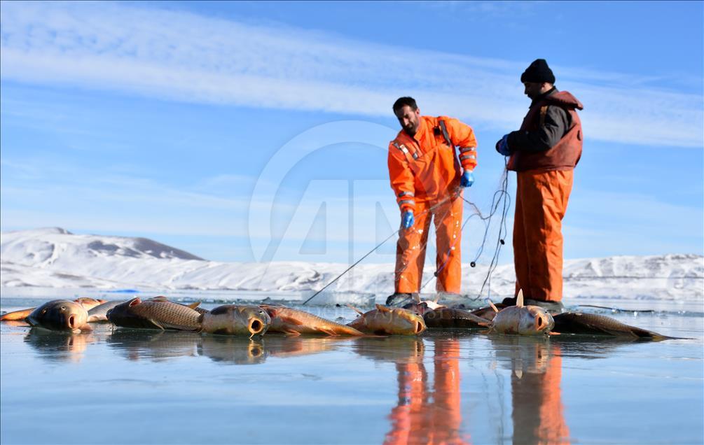 Ice fishing on Lake Hamurpet in Turkey