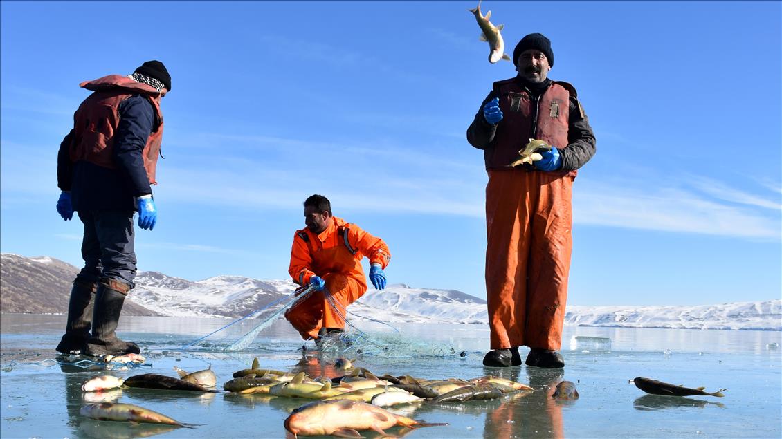 Ice fishing on Lake Hamurpet in Turkey