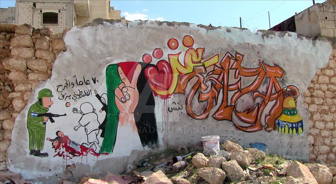 İdlib'den Kudüs ve Gazze'ye grafitili destek