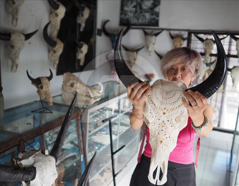 Cráneos de búfalo se convierten en artesanías en Indonesia