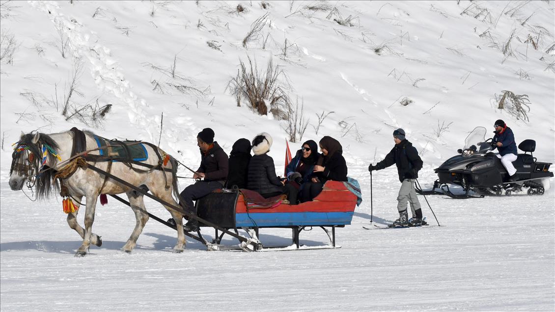 Dubaili turistlerin Cıbıltepe'de atlı kızak keyfi