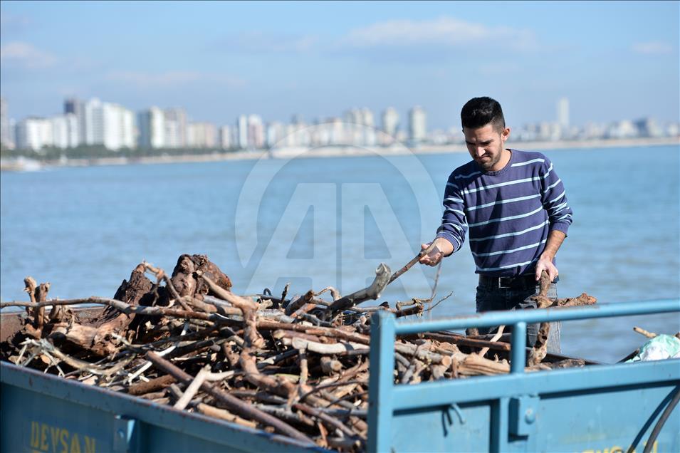 Fırtınanın sürüklediği odunları vatandaşlar topluyor
