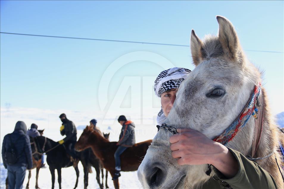 Atlar kar üzerinde yaz yarışlarına hazırlanıyor