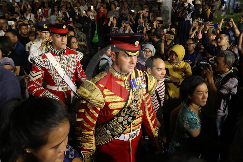 British military musicians play music at the Jakarta MRT station