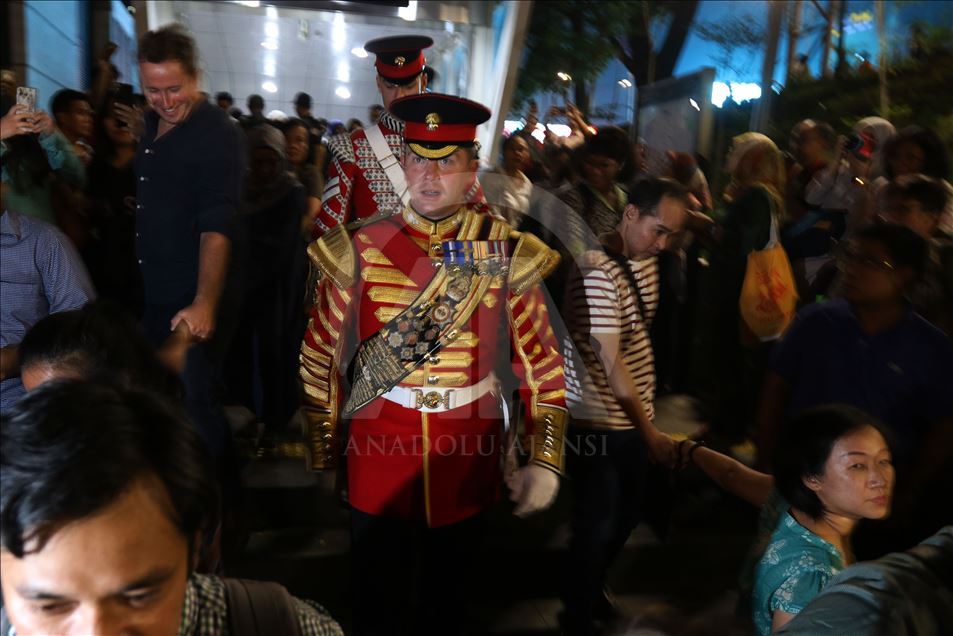 British military musicians play music at the Jakarta MRT station