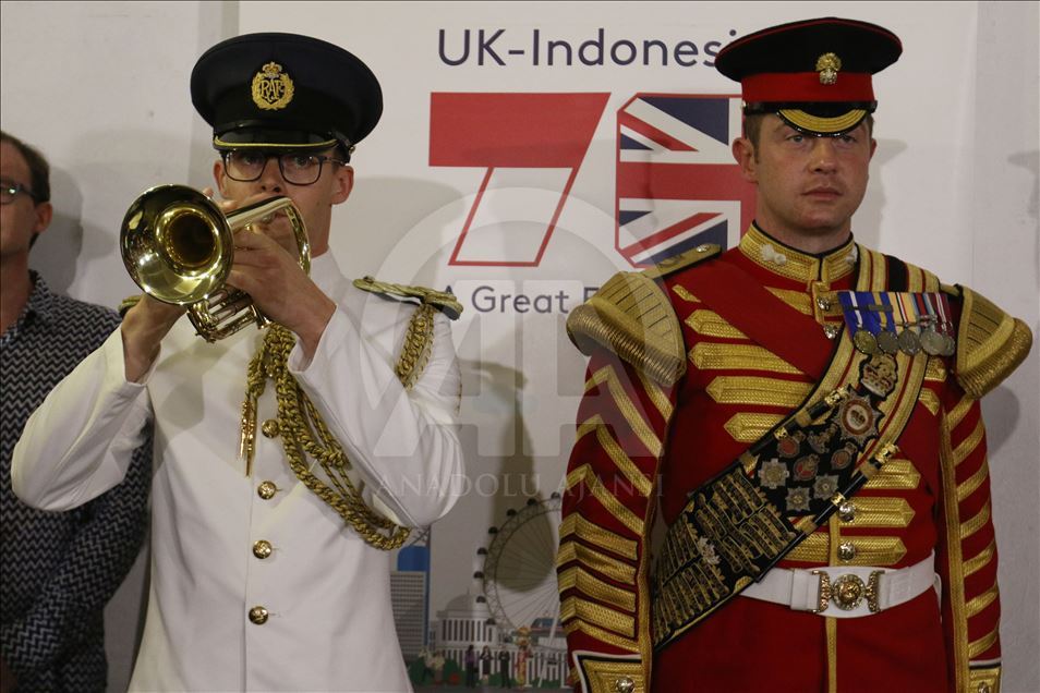 British military musicians play music at the Jakarta MRT station
