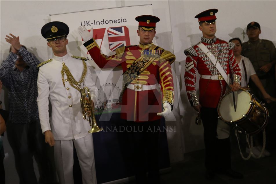 British military musicians play music at the Jakarta MRT station
