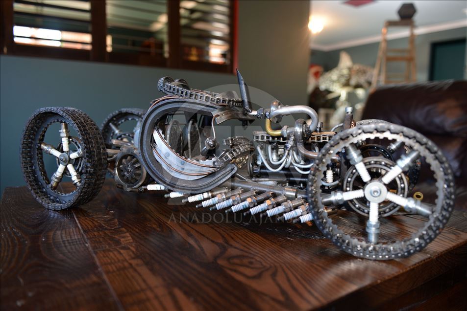Artworks made from used engine parts
