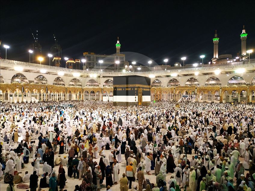 Muslim Hajj pilgrims at Masjid al-Haram in Mecca