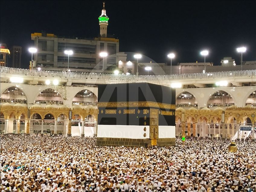 Muslim Hajj pilgrims at Masjid al-Haram in Mecca