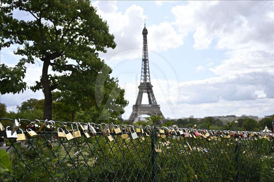 Love locks on the Debilly Passerelle over the Seine River in Paris