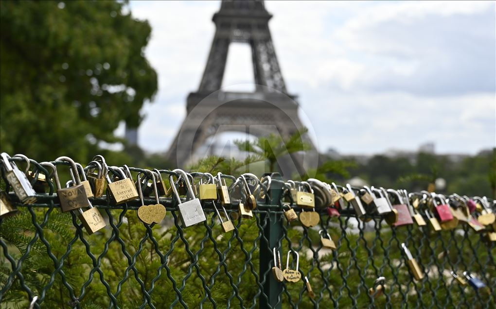 Love locks on the Debilly Passerelle over the Seine River in Paris