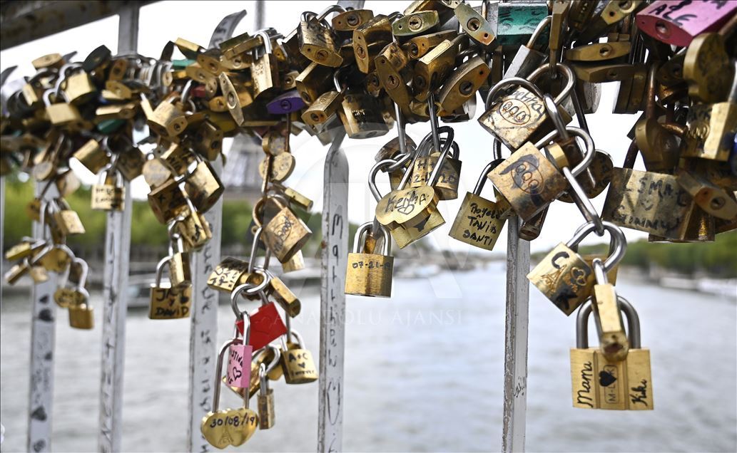 Love locks on the Debilly Passerelle over the Seine River in Paris