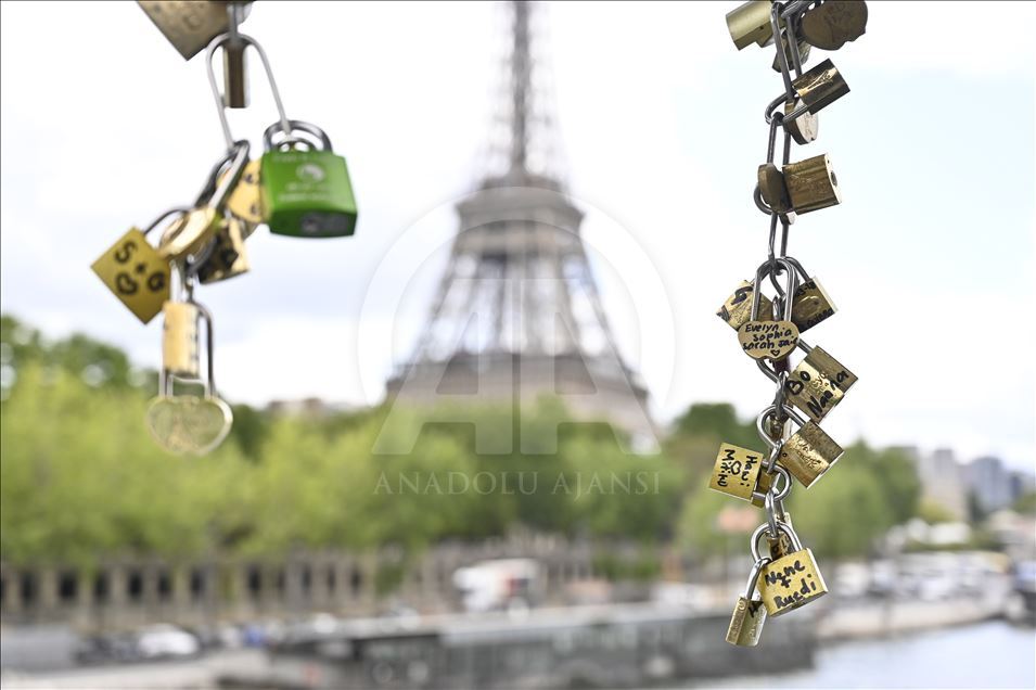 Love locks on the Debilly Passerelle over the Seine River in Paris