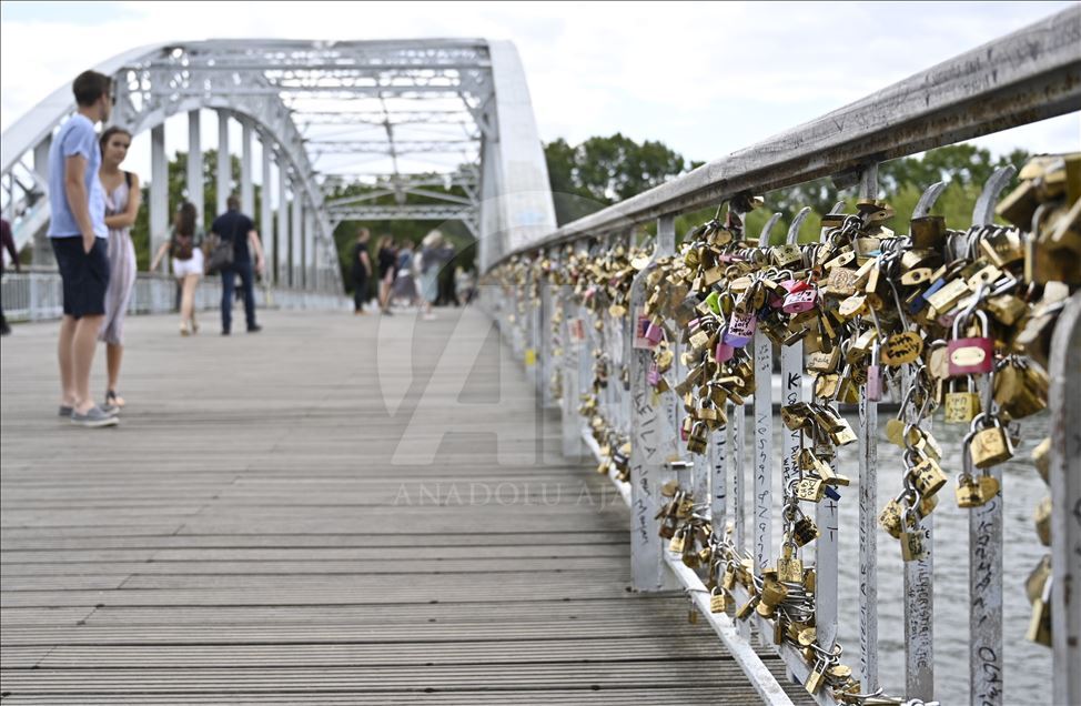 Love locks on the Debilly Passerelle over the Seine River in Paris