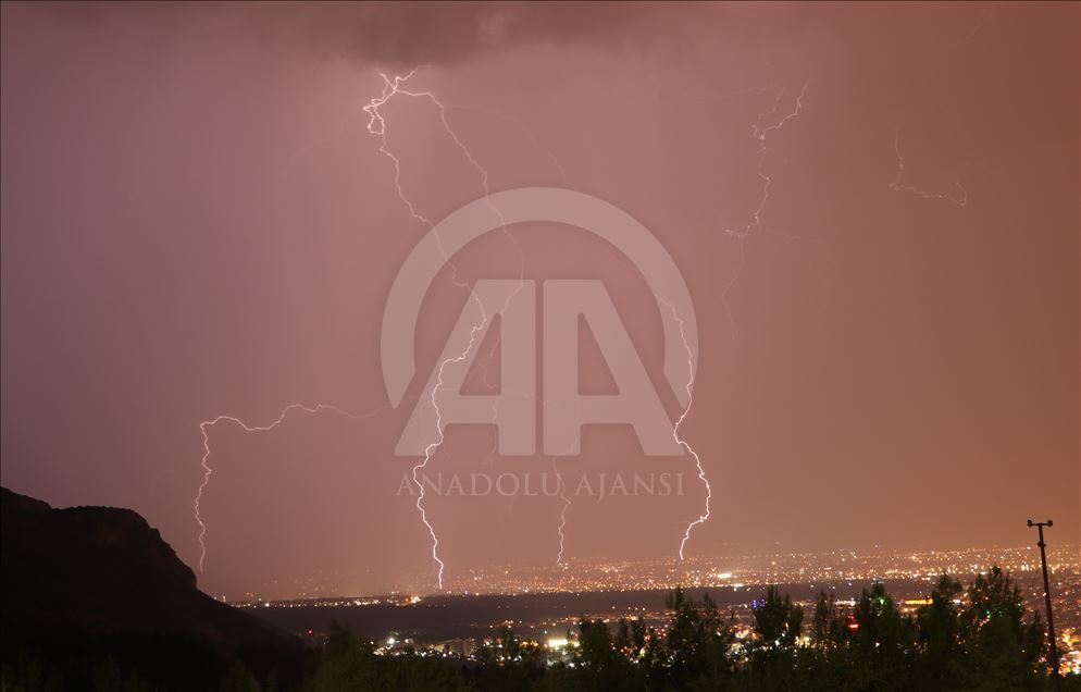 Lightnings illuminate the night sky over Turkey's Denizli
