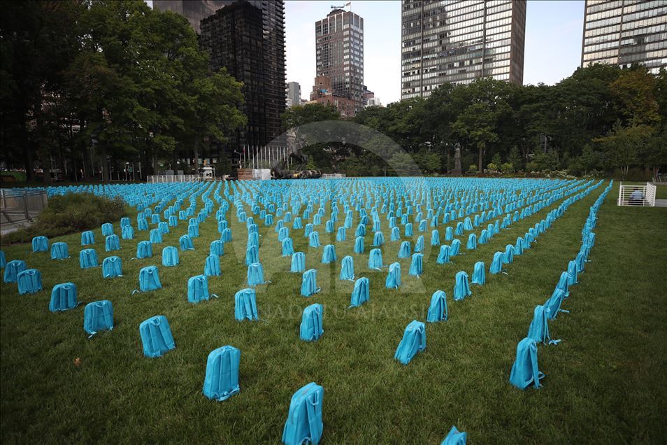 UNICEF 'backpack graveyard' outside UN HQ in New York