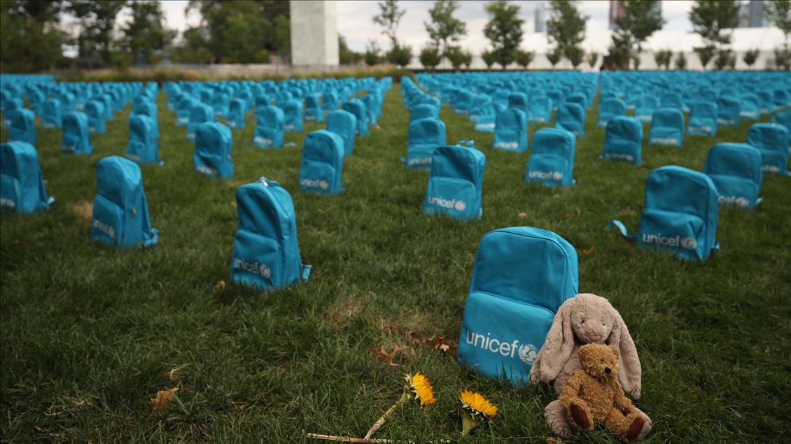 UNICEF 'backpack graveyard' outside UN HQ in New York