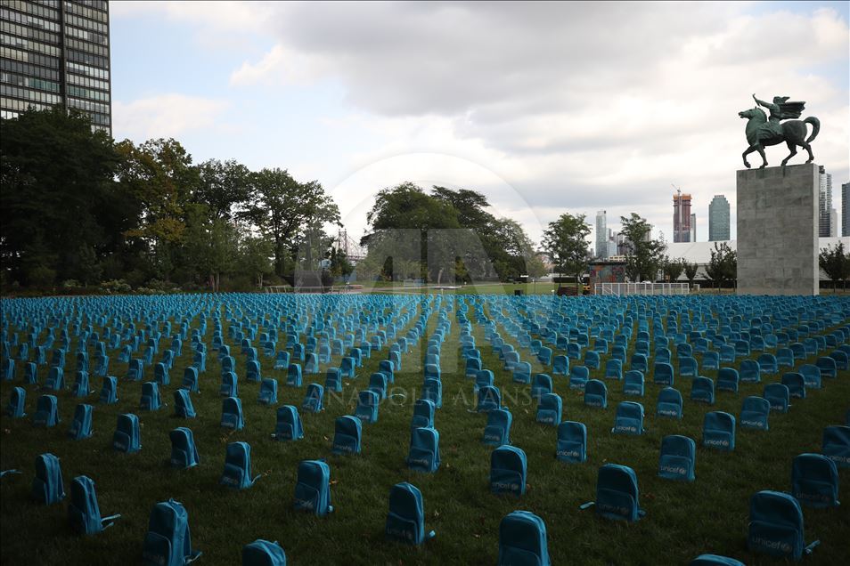 UNICEF 'backpack graveyard' outside UN HQ in New York
